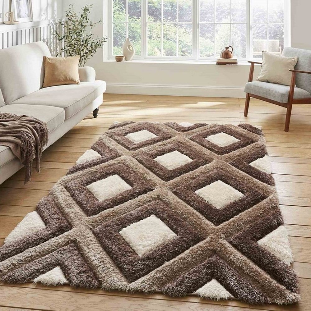 Olympia GR224 Modern Geometric Shaggy Rugs in Beige Brown